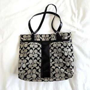 Coach NY Women's Medium Black Gray Canvas Leather Strap Stylish Tote Handbag